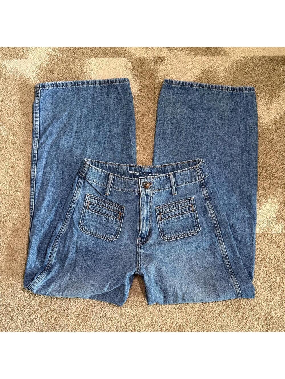 Old Navy High Rise Baggy Wide Leg Drapey Denim Patch Pocket Jeans Medium Wash 0